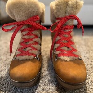 Women's Tan and Red Lace-Up Boots